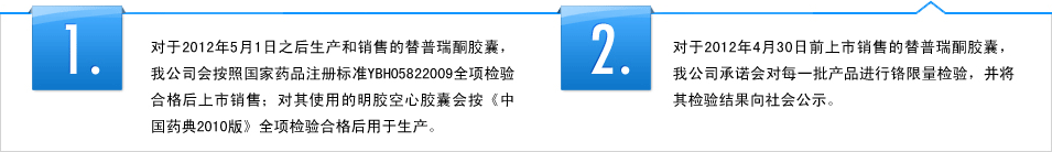 1.對(duì)于2012年5月1日之后生產(chǎn)和銷(xiāo)售的替普瑞酮膠囊，我公司會(huì)按照國(guó)家藥品注冊(cè)標(biāo)準(zhǔn)YBH05822009全項(xiàng)檢驗(yàn)合格后上市銷(xiāo)售；對(duì)其使用的明膠空心膠囊會(huì)按《中國(guó)藥典2010版》全項(xiàng)檢驗(yàn)合格后用于生產(chǎn)。 2.對(duì)于2012年4月30日前上市銷(xiāo)售的替普瑞酮膠囊，我公司承諾會(huì)對(duì)每一批產(chǎn)品進(jìn)行鉻限量檢驗(yàn)，并將其檢驗(yàn)結(jié)果向社會(huì)公示。 