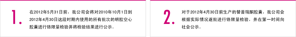 1.在2012年5月31日前，我公司會(huì)將對(duì)2010年10月1日到2012年4月30日這段時(shí)期內(nèi)使用的所有批次的明膠空心膠囊進(jìn)行鉻限量檢驗(yàn)并將檢驗(yàn)結(jié)果進(jìn)行公示。 2.對(duì)于2012年4月30日前生產(chǎn)的替普瑞酮膠囊，我公司會(huì)根據(jù)實(shí)際情況逐批進(jìn)行鉻限量檢驗(yàn)，并在第一時(shí)間向社會(huì)公示。